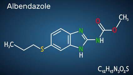 Albendazole molecule. It is is broad-spectrum, synthetic benzimidazole-derivative anthelmintic, used in treatment of parasitic worm infestations. Dark blue background