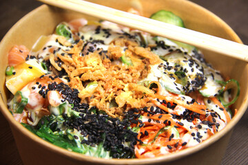 Plate of poke with salmon and