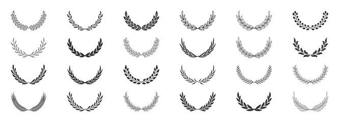 Set of black laurel wreaths. Laurel branches frames collection. Floral round frames of leaves. Vintage decorative elements for awards, medals, achievement, emblem, premium quality, ornate and logo.