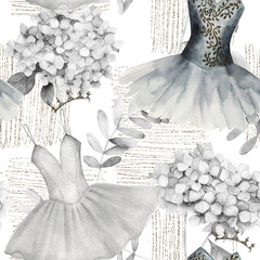 Vintage watercolor seamless pattern with  ballet tutu,  diadem, hortensia and golden elements. Hand drawn illustration on white background © natikka