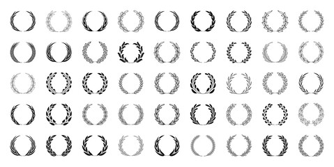 Set of black laurel wreaths. Laurel branches frames collection. Floral round frames of leaves. Vintage decorative elements for awards, medals, achievement, emblem, premium quality, ornate and logo.