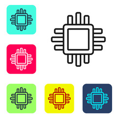 Black line Computer processor with microcircuits CPU icon isolated on white background. Chip or cpu with circuit board. Micro processor. Set icons in color square buttons. Vector