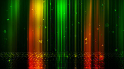 Futuristic Green Orange Vertical Streaking Light Beams Curtain And Flying Glitter Spot In Space With Floor Perspective Grid Lines Background