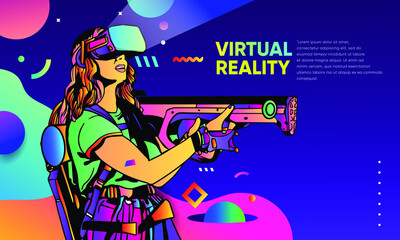 Girl Playing Game wearing virtual or augmented reality glasses. vr world with neon Shape Landing Banner
