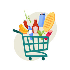 Full shopping basket in the supermarket. Food cart shop. Grocery store vector icons. Illustration of shopping carts and trolleys for a supermarket, food items from a grocery market

