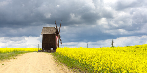 very old wooden windmill in rapseed field and sand road with dramatic storm clouds in background