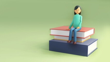 Cartoon character a woman is sitting on a stack of books.3d illustration on green background. Study and Education concept.