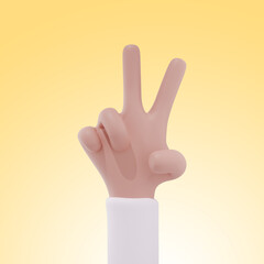 gesture hand symbol peacec victory on yellow background, 3d rendering illustration