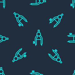 Green line Drawing compass icon isolated seamless pattern on blue background. Compasses sign. Drawing and educational tools. Geometric instrument. Vector
