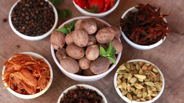 Collection of beautiful Indian spices,spices,spicy,seasonings in teble,rotating spice teble,turmeric,anise,garlic,coriander, chili,cardamom,clove,Top view.
