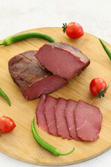 dry meat and slices on a white background. Local name kuru et
