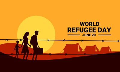 Vector illustration, silhouettes of refugee families walking towards a refugee camp, as a banner, poster or template for world refugee day.