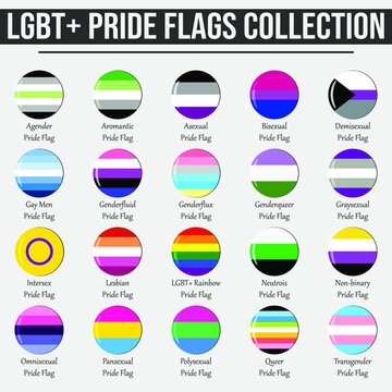 LGBT+ flags collection. Vector Pride set of 20 circle icons. Sexual orientation list with isolated background