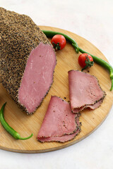 Pepper roastbeef on a white background. Local name karabiberli roastbeef