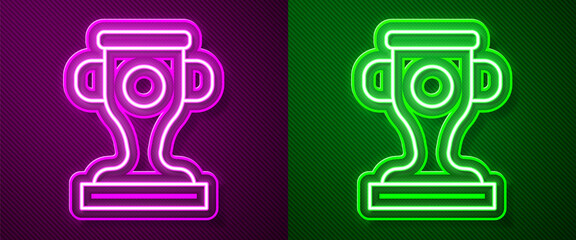Glowing neon line Award cup icon isolated on purple and green background. Winner trophy symbol. Championship or competition trophy. Sports achievement sign. Vector