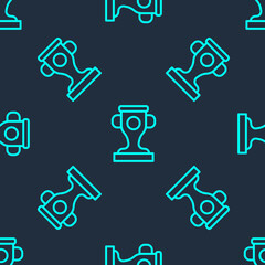 Green line Award cup icon isolated seamless pattern on blue background. Winner trophy symbol. Championship or competition trophy. Sports achievement sign. Vector