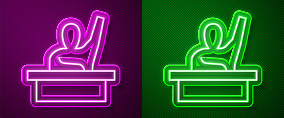 Glowing neon line Active male kid raising hand answering to teacher question icon isolated on purple and green background. An elementary student raises his hand. Vector