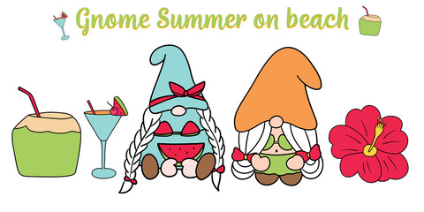 Gnomes summer on the beach, vector illustration