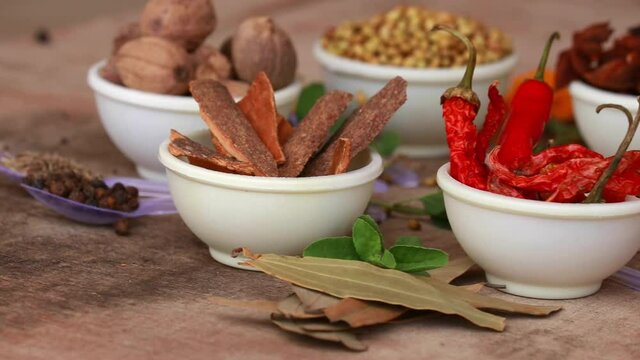 Spices and herbs in white bowls, spice in small spoon,food and cuisine ingredients,various spices collection,Food background,turmeric, star anise,mace,cloves
