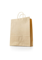 Craft paper bag. Brown package with kraft recycle texture, empty blank space for design mockup isolated on white background. Delivery service concept. Copy space. Advertising area.