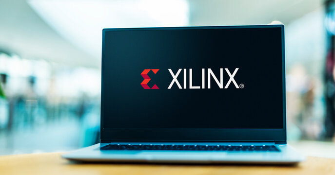 Laptop computer displaying logo of Xilinx