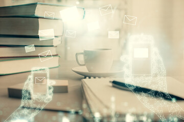 Double exposure of envelope drawing and desktop with coffee and items on table background. Concept of people connection.