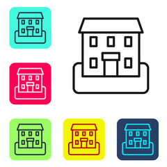 Black line School building icon isolated on white background. Set icons in color square buttons. Vector