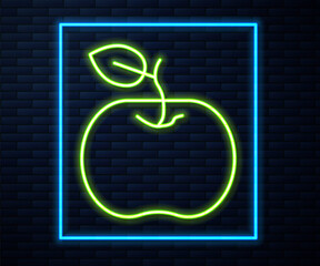 Glowing neon line Apple icon isolated on brick wall background. Excess weight. Healthy diet menu. Fitness diet apple. Vector