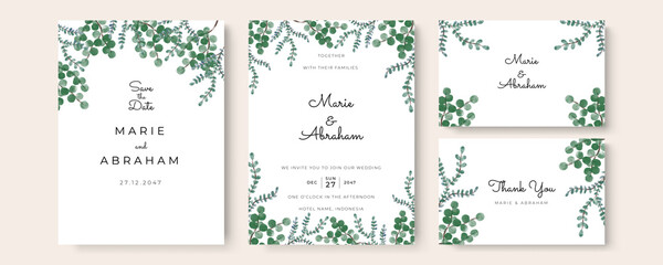 Fototapeta na wymiar Set of wedding invitation card with flower and leaves. Green blue yellow gold minimalist simple wedding floral watercolour.