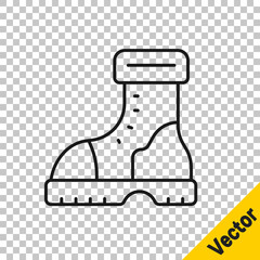 Black line Waterproof rubber boot icon isolated on transparent background. Gumboots for rainy weather, fishing, gardening. Vector