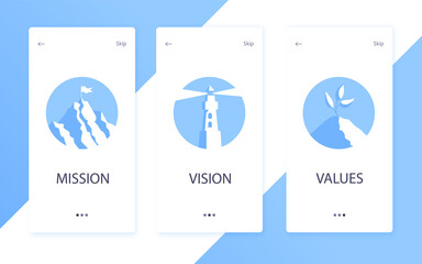 Mission, vision and values flat style design icons signs web concepts vector illustration set isolated on white background. Web page template concepts for business company strategy and teamwork plan.