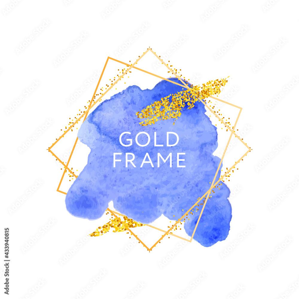 Poster Blue Abstract stylish watercolor background Gold frame Vector illustration