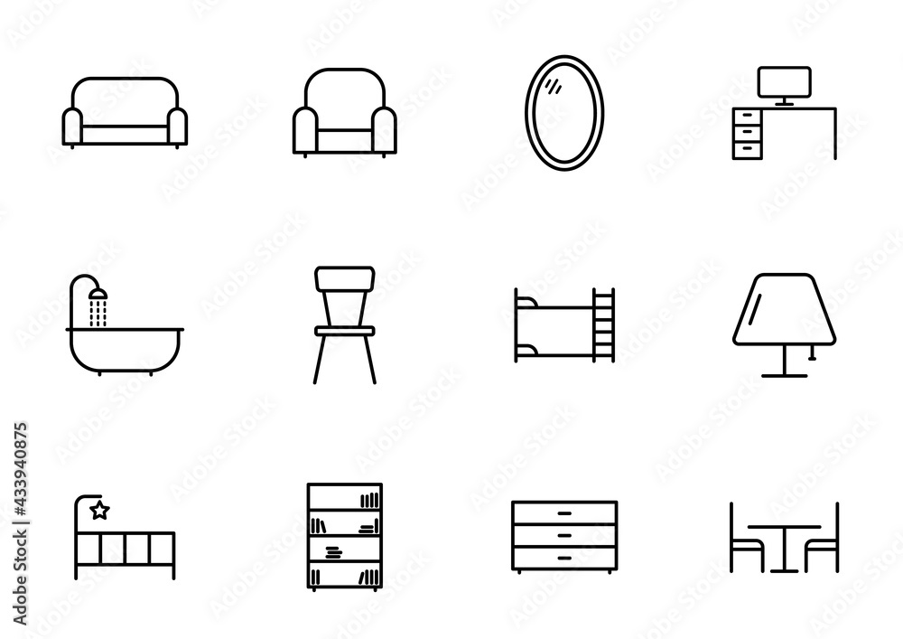 Poster furniture line vector icons isolated on white background. furniture icon set for web and ui design, 