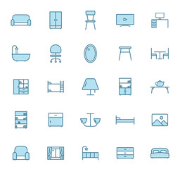 furniture line vector icons in two colors isolated on white background. furniture blue icon set for web design, ui, mobile apps and print