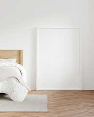 Blank photo frame for mockup in white bedroom, 3D rendering