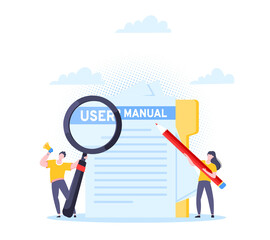 User manual guide book flat style design vector illustration. Tiny people, magnifying glass and pencil working together with guide book. Specifications user guidance document.