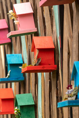 Colorful bird nests in wood. Close up