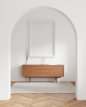 frame hanging on a white living room mockup. Scandinavian interior background. 3D rendering