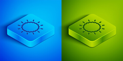 Isometric line Sun icon isolated on blue and green background. Square button. Vector