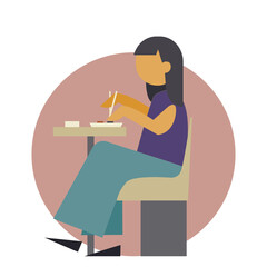 Young Woman Eating Delicious Asian Food, Cheerful Girl Sitting at Table Eating Sushi Cartoon Vector Illustration