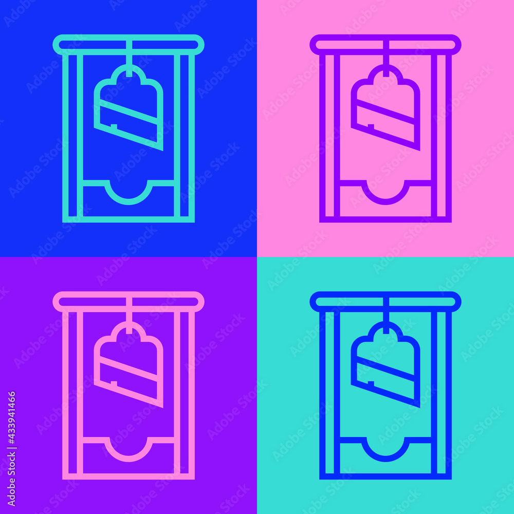 Poster pop art line guillotine medieval execution icon isolated on color background. vector