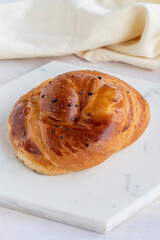 Cheese pastry on a white wooden background. Local name peynirli açma
