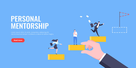 Business mentor helps to improve career and holding stairs steps vector illustration. Mentorship, upskills and self development strategy flat style design business concept.