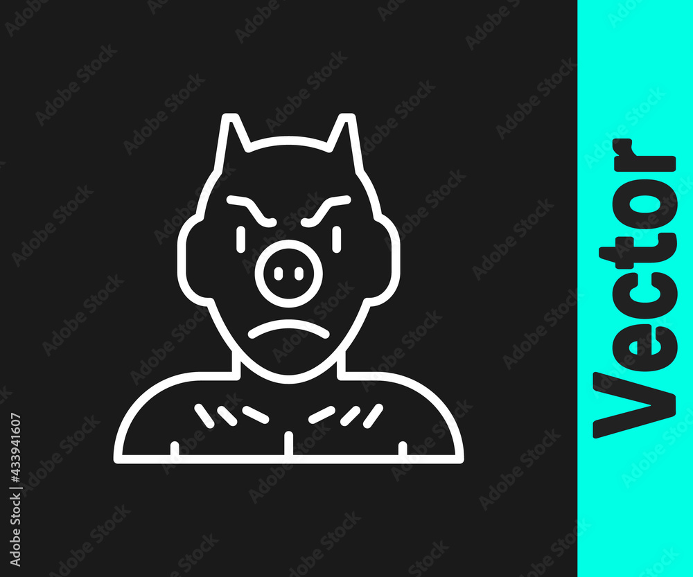 Sticker White line Krampus, heck icon isolated on black background. Horned devil. Traditional Christmas devil. Happy Halloween party. Vector