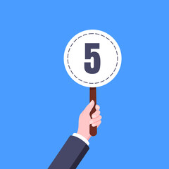 Hand hold round score card banner plate with number 5 business concept flat style design vector illustration. Votes jury judges of tournament or contest.
