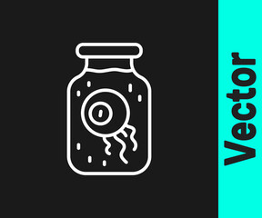 White line Eye in a jar icon isolated on black background. Happy Halloween party. Vector