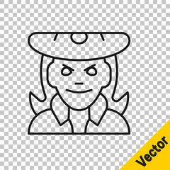 Black line Witch icon isolated on transparent background. Happy Halloween party. Vector