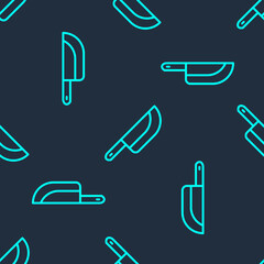 Green line Knife icon isolated seamless pattern on blue background. Cutlery symbol. Happy Halloween party. Vector