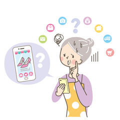 スマートフォンでオンラインショッピングをする年配の女性