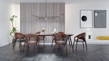 Modern dining-room interior.3d render illustration mock up